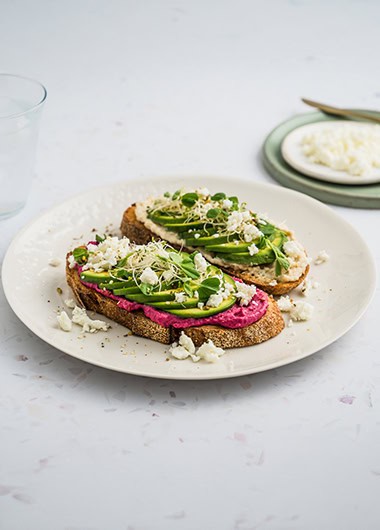 Avocado, feta and beetroot hummus toast